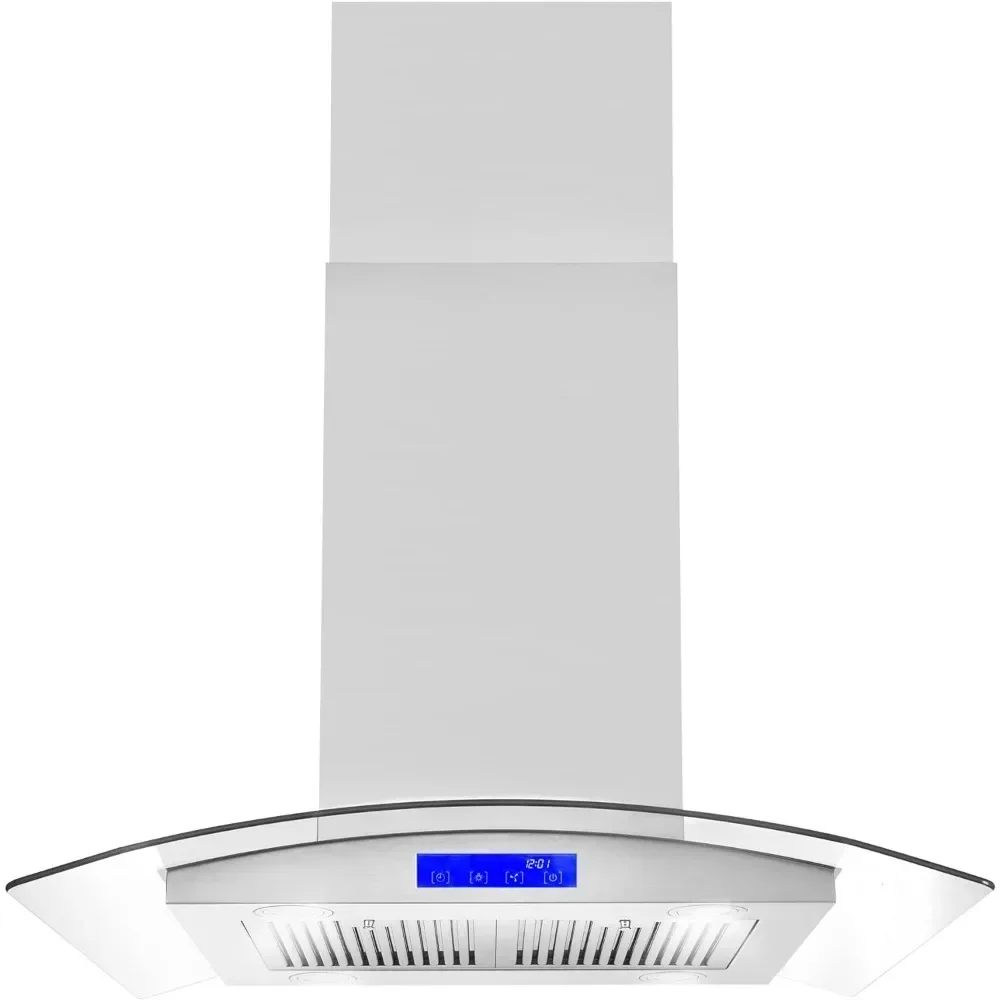 30 pulgadas. Campana extractora Island Mount con 380 CFM, controles suaves al tacto, filtros permanentes, luces LED, vidrio templado