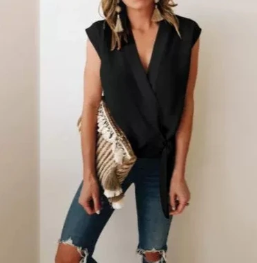 

2024 Summer Women's New Fashionable and Casual Style V-Neck Overlap Lace Up Canshoulder Sleeveless Black Commuter Top