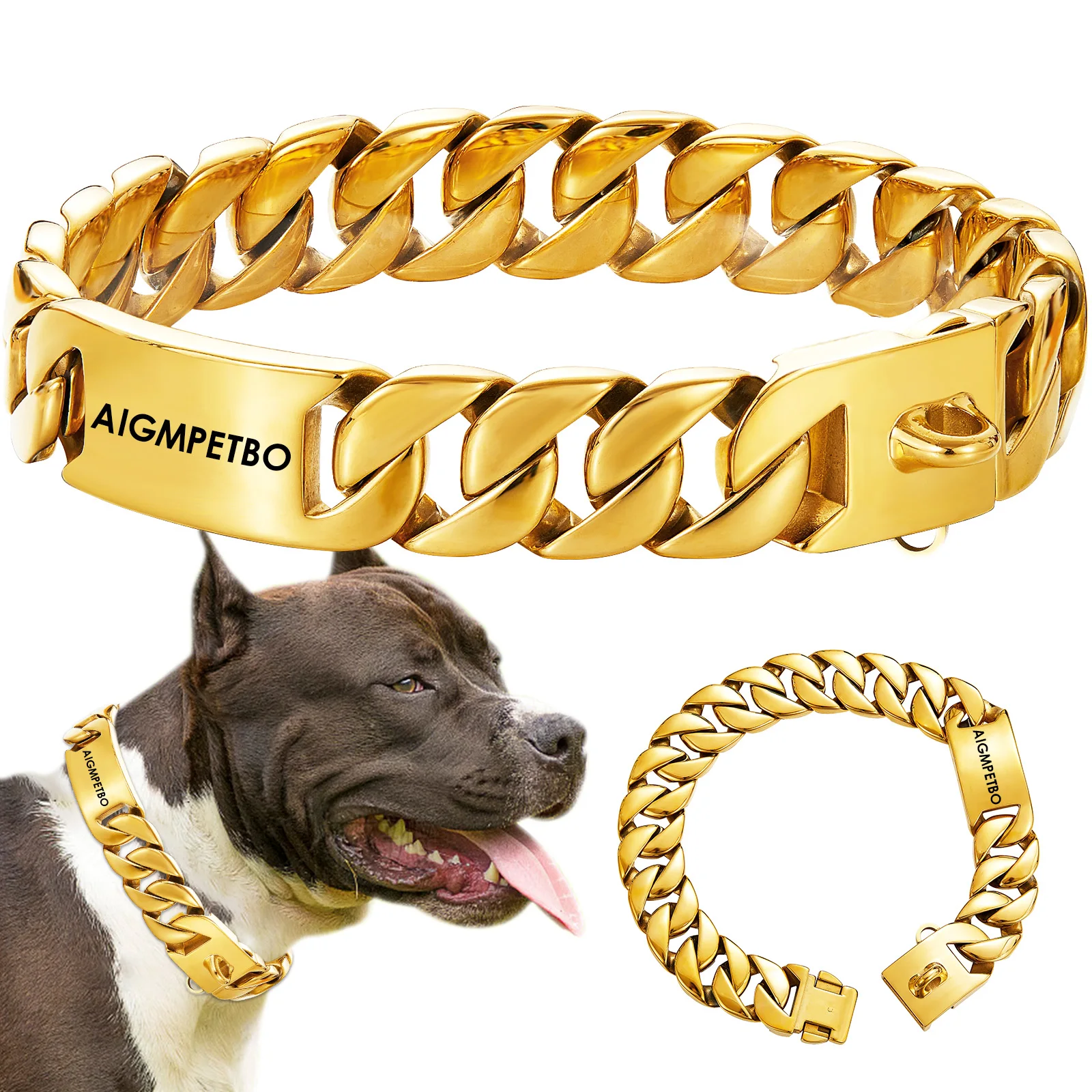 

Big Dog Chain Collar Free engraving 32mm wide Metal Cuban link Personalized Chew Proof Pet Collars For large dog