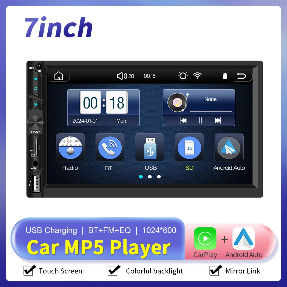 Camecho Autoradio 2 Din Draadloos Carplay Android Auto Universele auto-multimediaspeler Autoradio 7 inch HD-scherm FM Bluetooth
