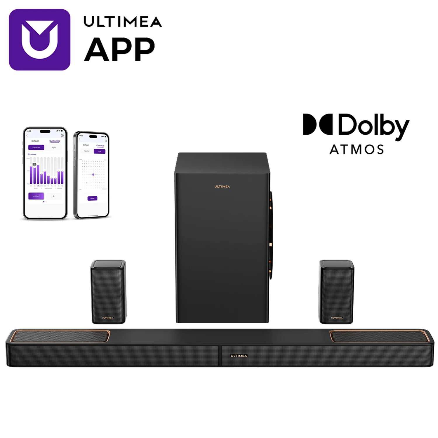 ULTIMEA 460W 5.1.2-kanałowy soundbar z Dolby Atmos, system kina domowego z dźwiękiem przestrzennym do telewizora z 2 głośnikami surround, sterowanie przez aplikację