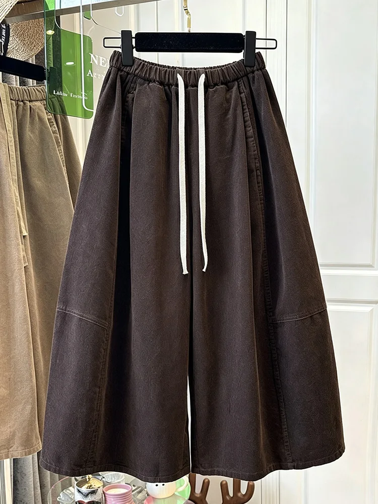 Authentic Corduroy Wide Leg Pants Drawstring Elastic Waist Casual Trousers Loose Slimming Early Autumn Ladies High Waist