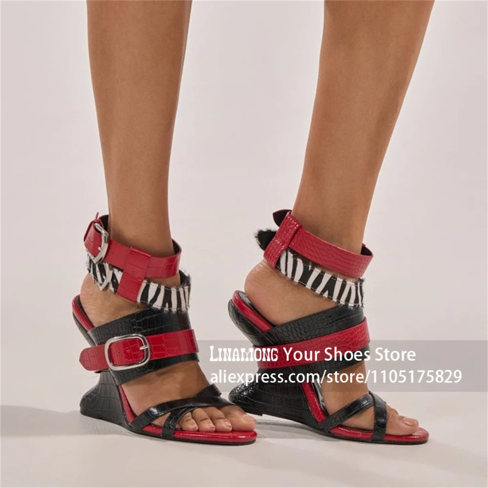 Sculpted Wedge Zebra Faux Horsehair Sandals Metal Buckle Strap Open Toe Wedge Heels Multi Strap Designer Style Summer Footwear view 5