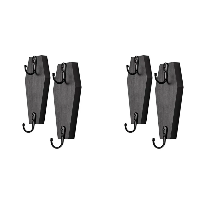 A43T 4X Halloweenowy Wieszak na Ścianę w Kształcie Trumny, Haczyk Ścienny na Klucze - Rustykalny Czarny Drewniany Wieszak A