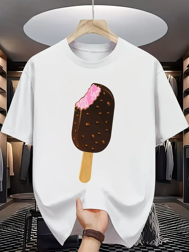 Ice Cream Chocolate Bar Popsicle Print Men's Crew Neck T-Shirt Sweet Cute Summer Essential Casual Comfortable Daily Wear Dessert