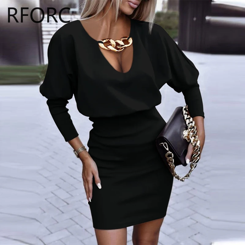 2024 Women Chain Decoration Solid Deep V Neck Long Sleeves Basic Mini Black Dress