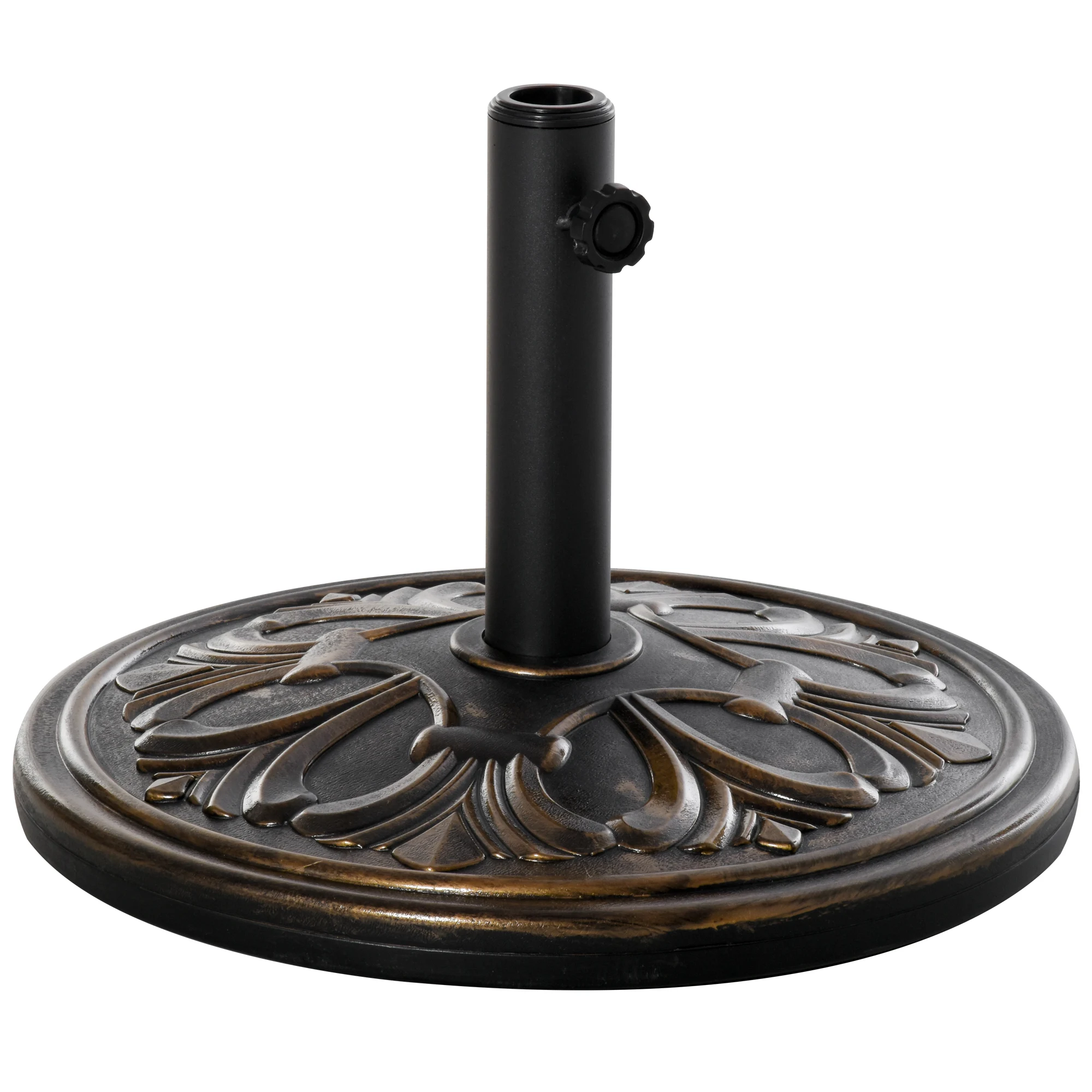 Base de parasol de patio robuste de 13 kg, bronze antique, construction en plastique HDPE et ciment, compatible avec les diamètres de poteau de 35/38/48 mm, base ronde de 48 x 34 cm avec motif élégant en forme de lys