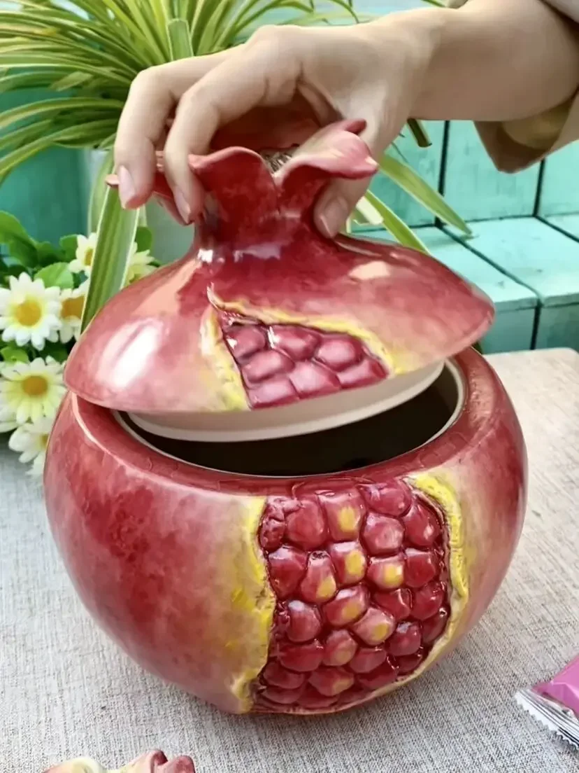 Ceramic Pomegranate Candy Storage Jar, Home Decor, Living Room Decoration, Dried Fruit Jar, Kitchen Food Container, Tea Canister