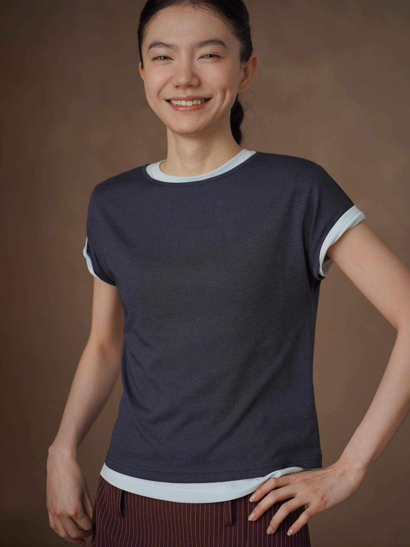 Slimming Effect T-Shirt Ladies Casual Wear Summer Season Short Sleeve Layering True Two-Piece Hacikis Snowflake Cotton Lyocell