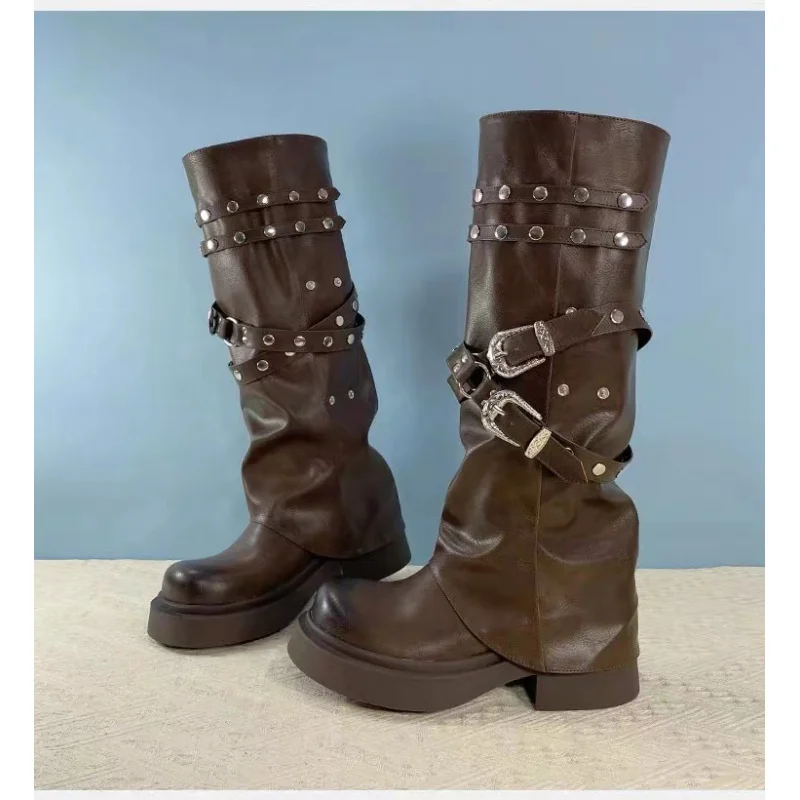 

Fashionable pants boot new retro comfortable round toe niche design sense women's long tube rivet knight boot