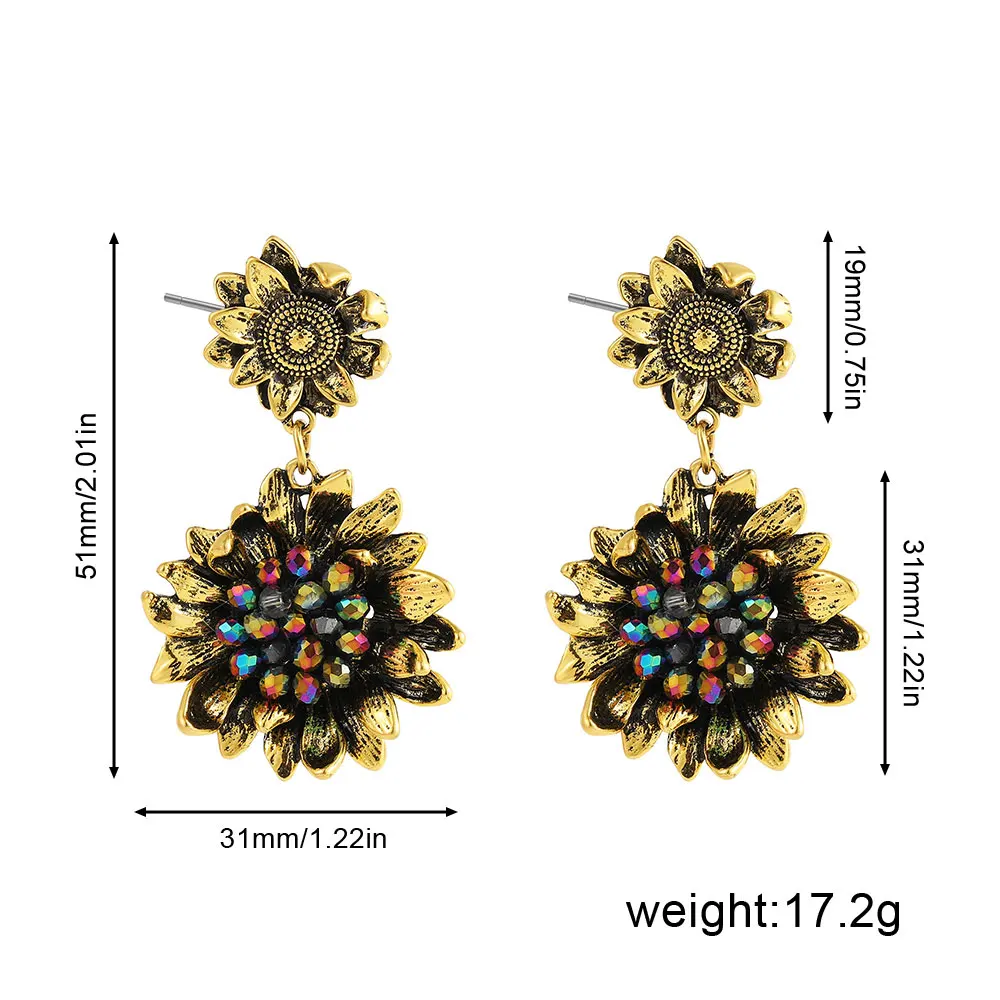 Oversized Antique Gold Plated Sunflower Pendant Drop Dangle Earrings for Women Colorful Beaded Flower Statement Vintage Jewelry