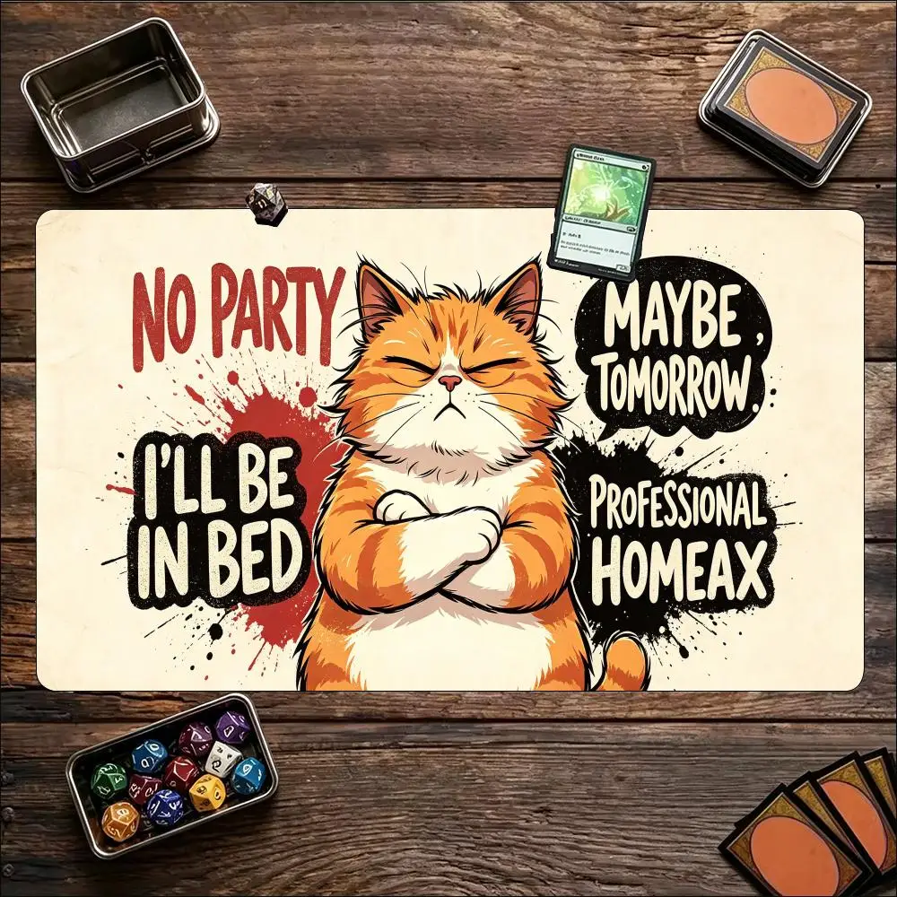 Grumpy Cartoon Cat TCG Playmat Large Non Slip Rubber Mat Smooth Cloth Surface Trading Card Battle Pad For Tabletop Card Sessions