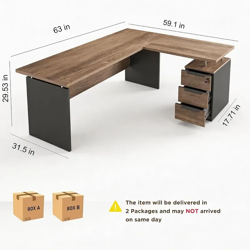 63 Inch L-Shaped Executive Desk Industrial Modern Wood Office Desk with Locking Drawers Built-in Cable Management Power