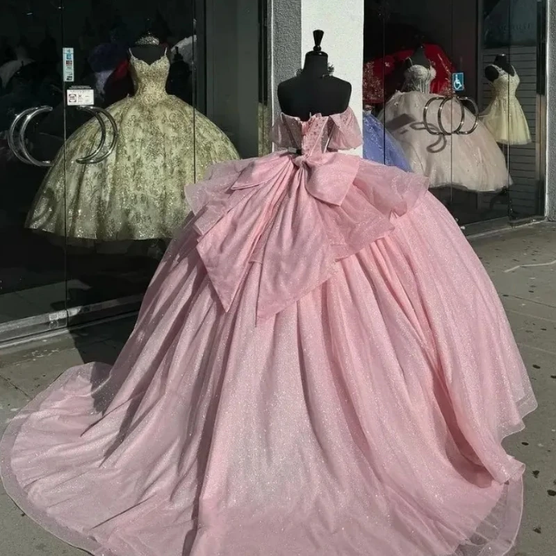 Custom Made Pink Shinny Prom Dresses Sweet 15 16 Year Girls Off Shoulder Beaded Vestido De xv Quinceanera Birthday Party Gown