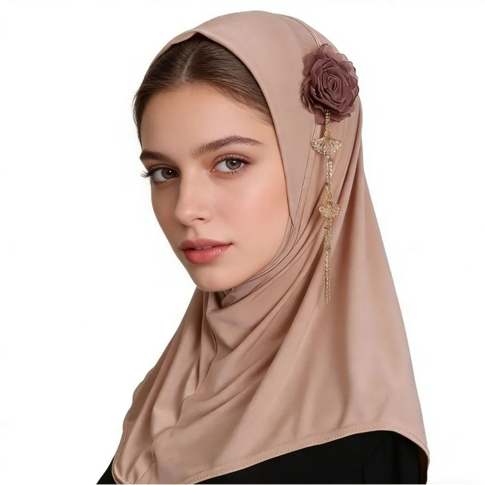 Comfort Round Edge 3D Flower Tassel Hijab Solid Color Stretch Head Wrap Lightweight High-Elasticity Headwear Modest Wear