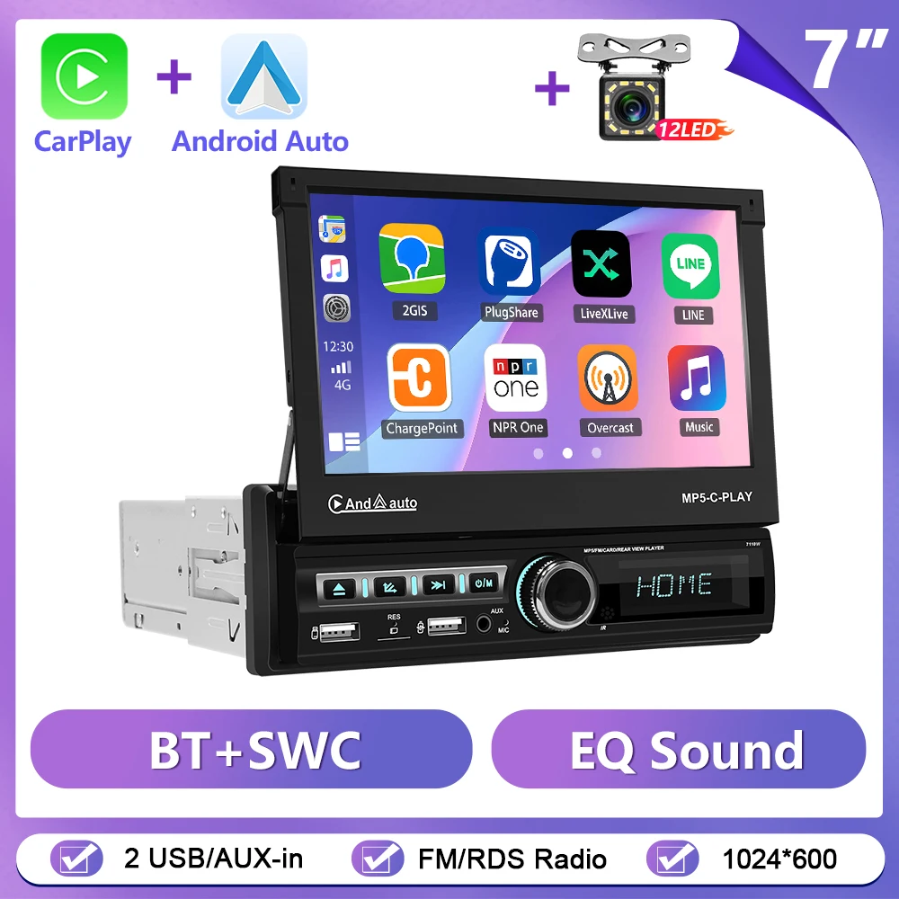 Podofo 1 Din autoradio draadloze CarPlay/Android Auto 7 inch intrekbaar touchscreen auto flip-out MP5 multimediaspeler