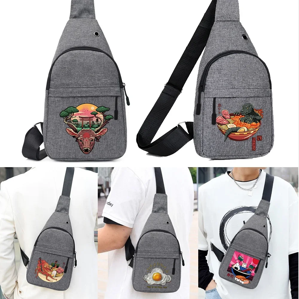 

Men Chest Bags Casual Waist Bags Charging Earphones Cable Hole Crossbody Bag Fun Pattern Print Canvas Sling Shoulder Waist Packs