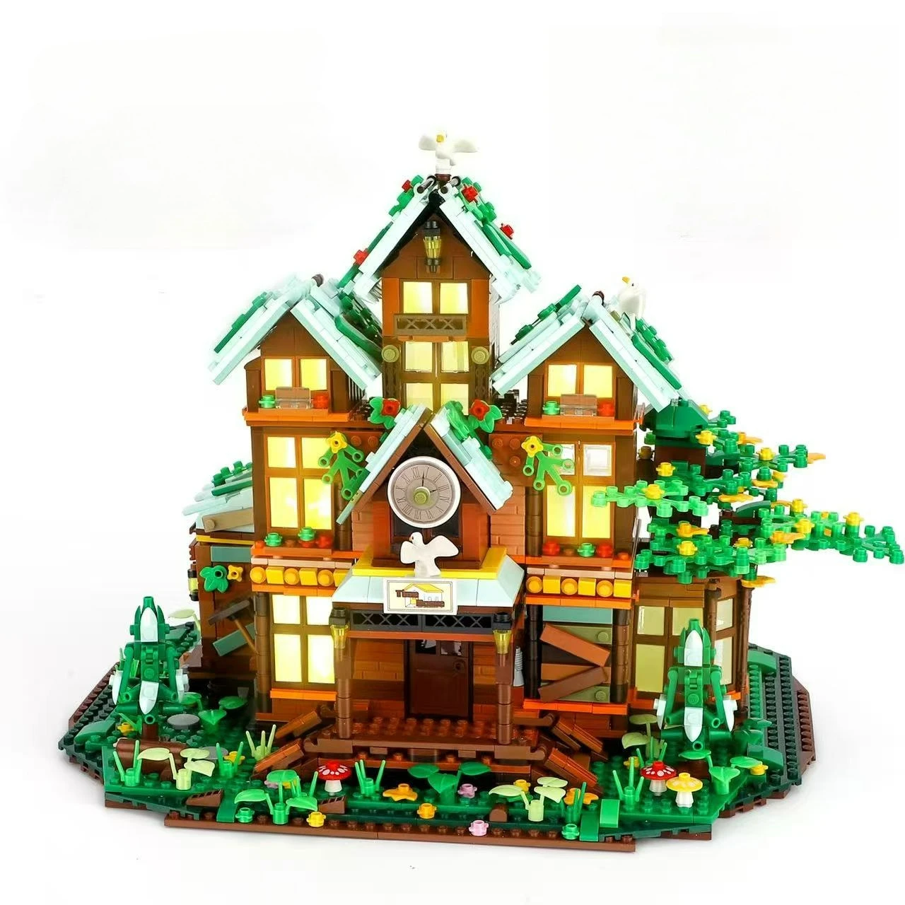 MOC – forêt féerique, arbre en bois, maison du temps, modèle de bloc de construction, Kit de chambre, vue sur la rue, cabane, idée, jouet Puzzle, bricolage, cadeau d'anniversaire pour enfants