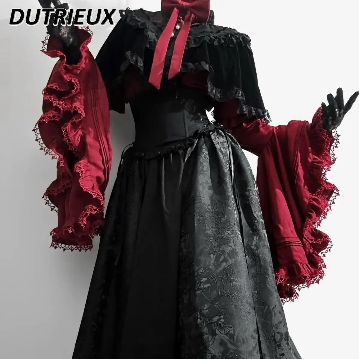 Japanese Lolita Gothic Sweet Girls Solid Color Long-sleeve Shirt Gorgeous Elegant Versatile Top and High Waist Long Skirt