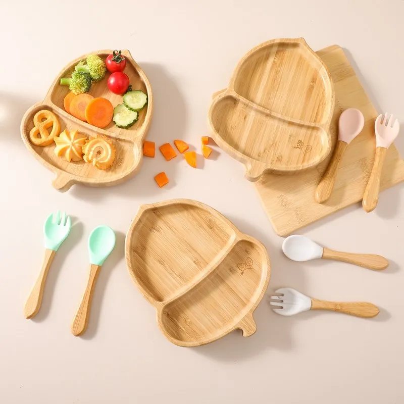 Baby Feeding Tableware Set Silicone Fork Spoon BPA Free Children Tableware Suction Plate Bowl Bamboo Plate for Kids Dinner Plate