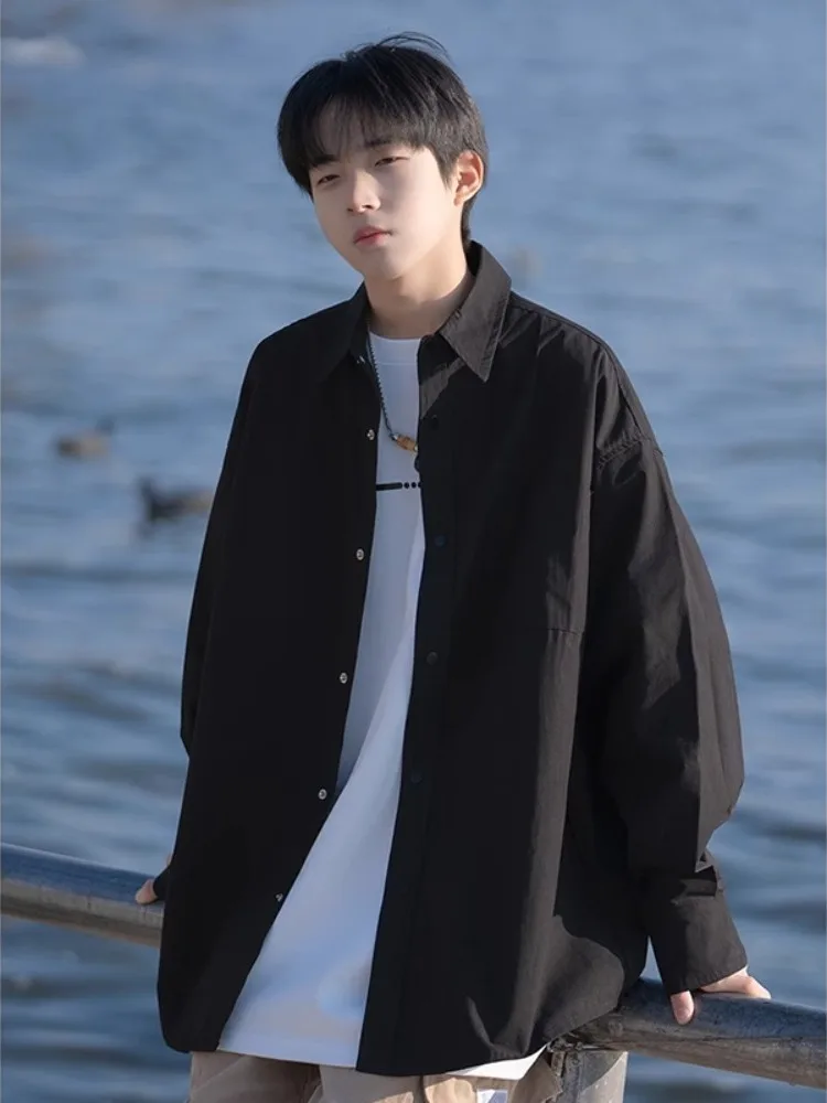 

Trendy Bla Long Sve Men's irt Street Sle Casual Outerwear Cotton 00% Wear Resistant Autumn Spring Faionable