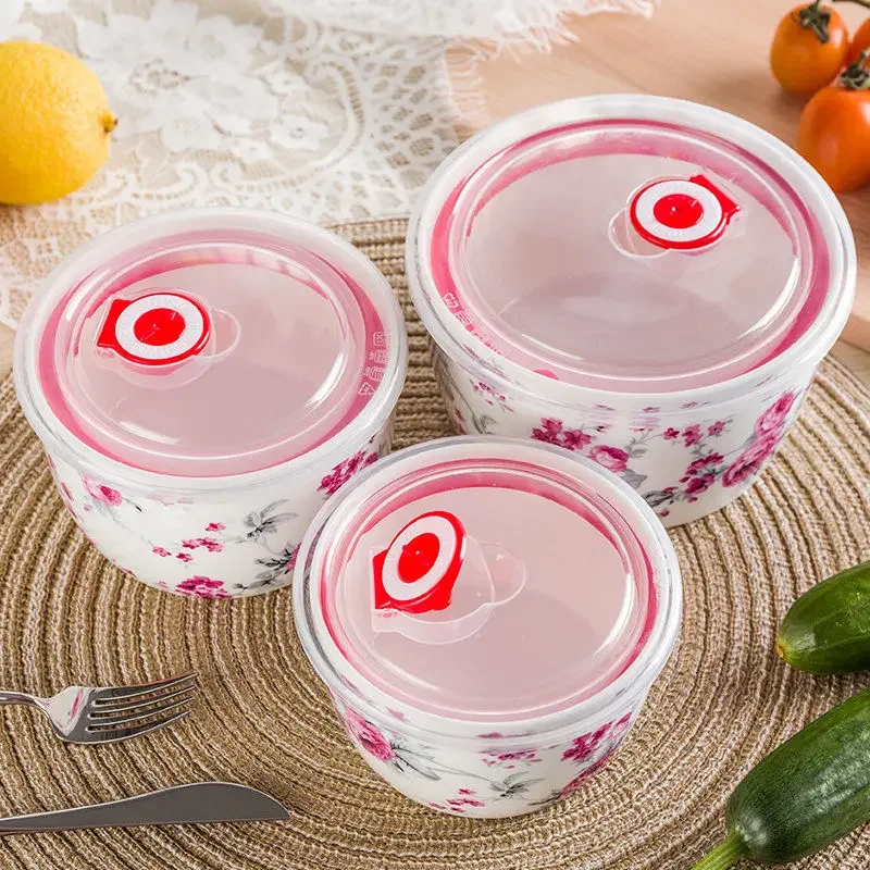 3 Pieces of Ceramic Fresh Bowl Set Fresh Food Box Lunch Box Lunch Box with Lid Bowl Can Be Used In Microwave Oven Rice Bowl Weed