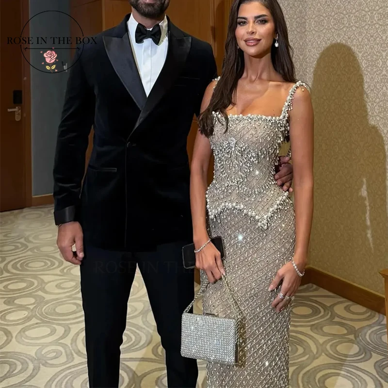 ROSEINTHEBOX-vestidos de noche de diseñador plateados de lujo, vestidos con cuentas de cristal brillantes para mujer, fiesta de boda personalizada, 2025