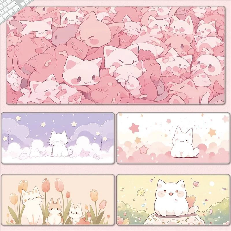 Pink Cat Mouse Pad Girl Keyboard with Lock Edge Extended Mouse Pad 400x900 Kawaii Office Desktop Protection Pad XXL Carpet