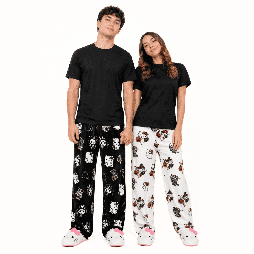 Sanrio Halloween Couple Flannel Pajama Bottoms Kuromi Hello Kitty Black White Print Soft Sleep Pants Home Loungewear Trousers