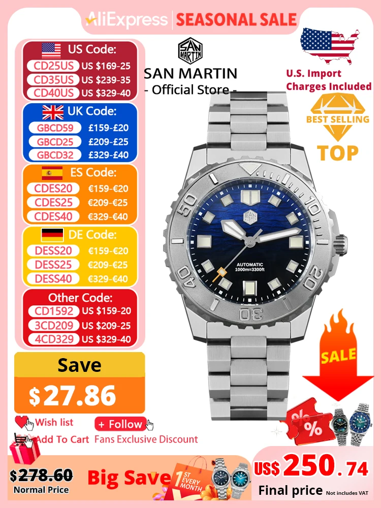 

San Martin 1000m Waterproof Sea Waves Texture Dial 43mm Men Diver Watch Helium Escape Valve NH35 Automatic Mechanical SN0147