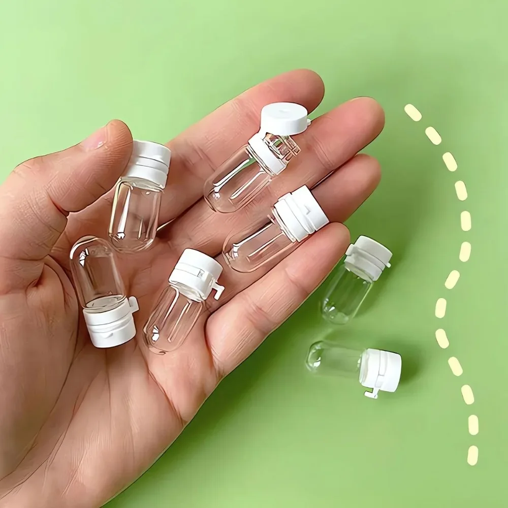 4 clear, leak-proof travel bottles, designed for makeup remover and lotion, with a portable dispenser and a separate clamshell serum container.