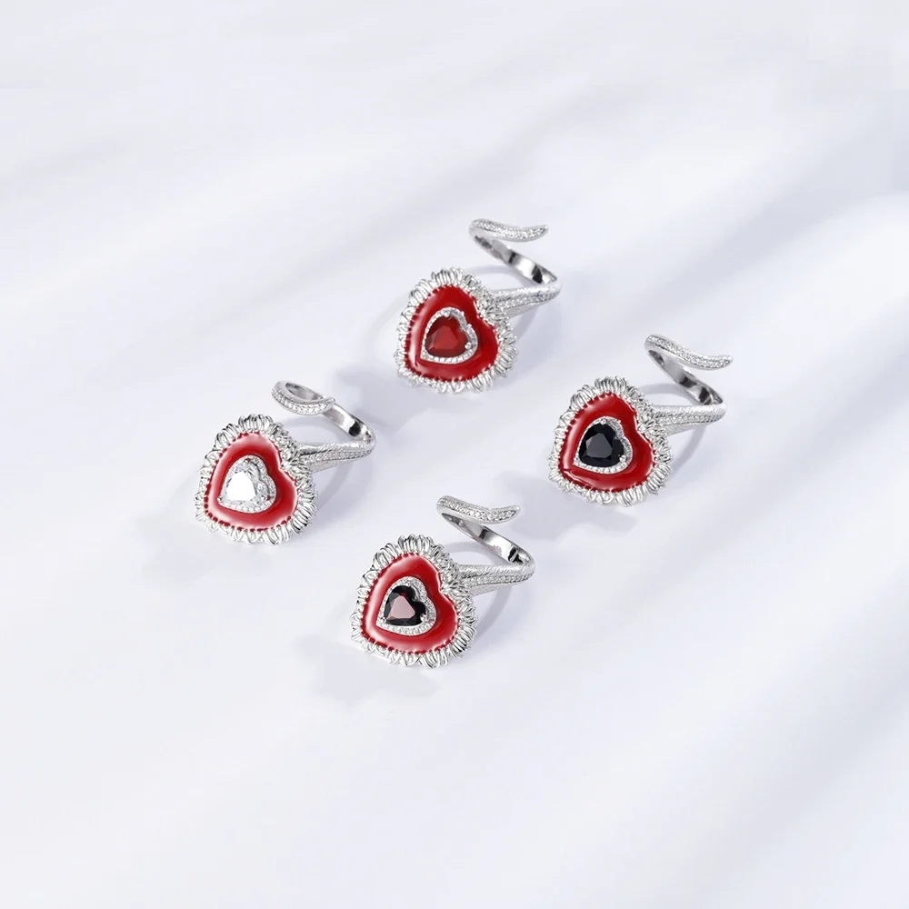 GEM\'S BALLET Heart Love Natural Red Agate Ring 925 Sterling Silver Original  Adjustable Open Finger Ring Enamel Vintage Jewelry
