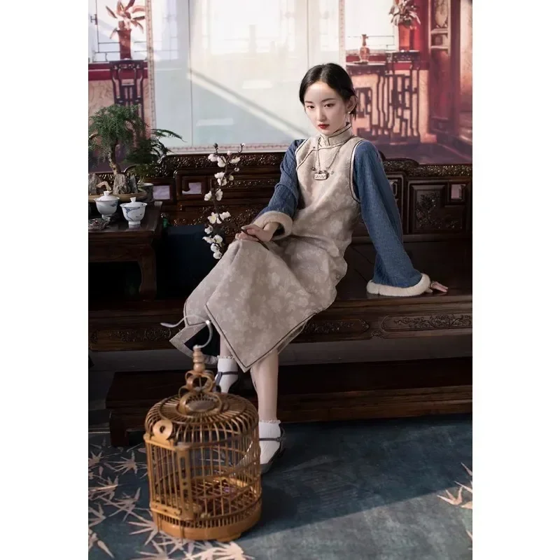 Winter Retro Wool Collar Quilted Cotton Long Sleeved Cheongsam Dress Fake Two Piece Female Traditional Chinese Qipoa Dresses