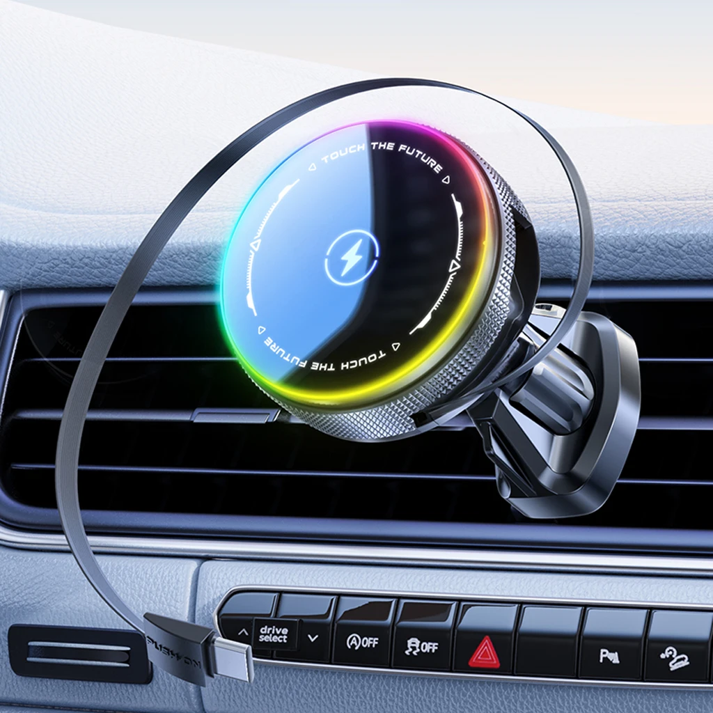 

Автомобильное крепление для телефона с беспроводной быстрой зарядкой из алюминиевого сплава, 15 Вт, 360° ° Универсальная шаровая головка с выдвижным кабелем для вентиляционного зажима MagSafe