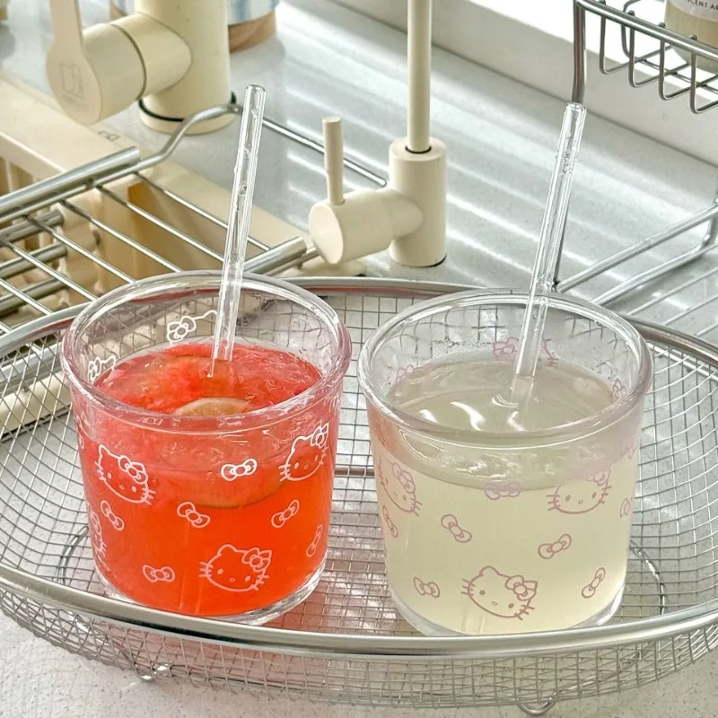 

Kawaii Hello Kitty Glass Cup Cute Anime Coffee Milk Juice Cup Women's Summer Drinking Water Dessert Supplies Women Accessories