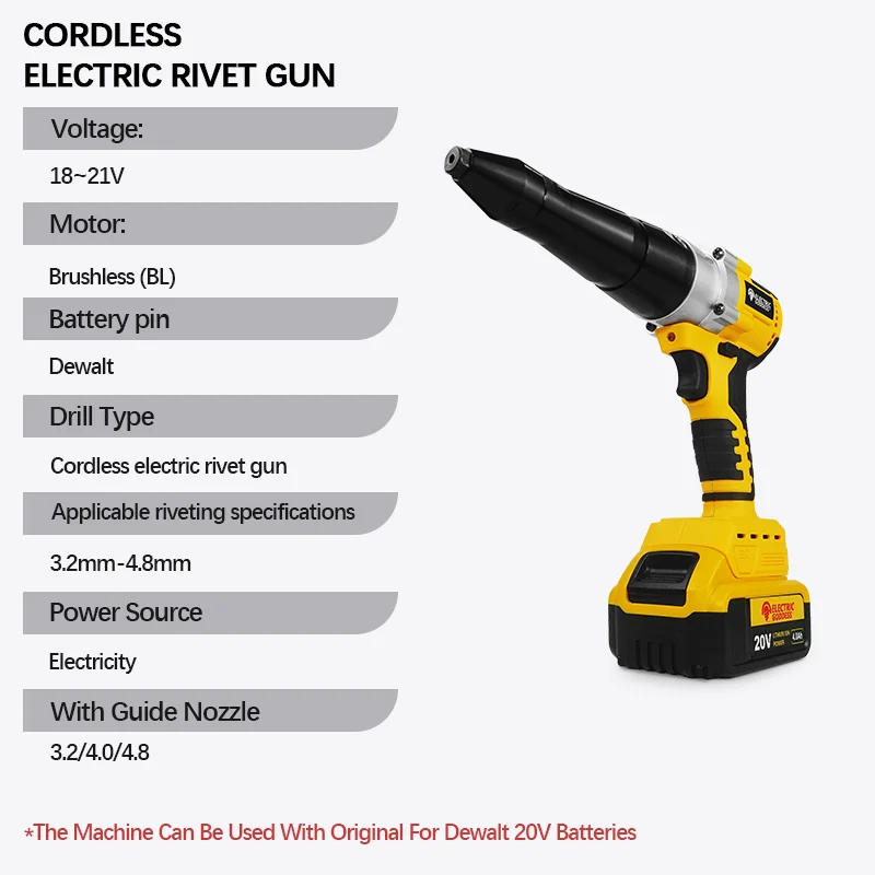 3.2-4.8mm Cordless Electric Rivet Gun Brushless Nail Gun Single-Hand Portable Nail Gun Tool for Dewalt 20v Battery Pin