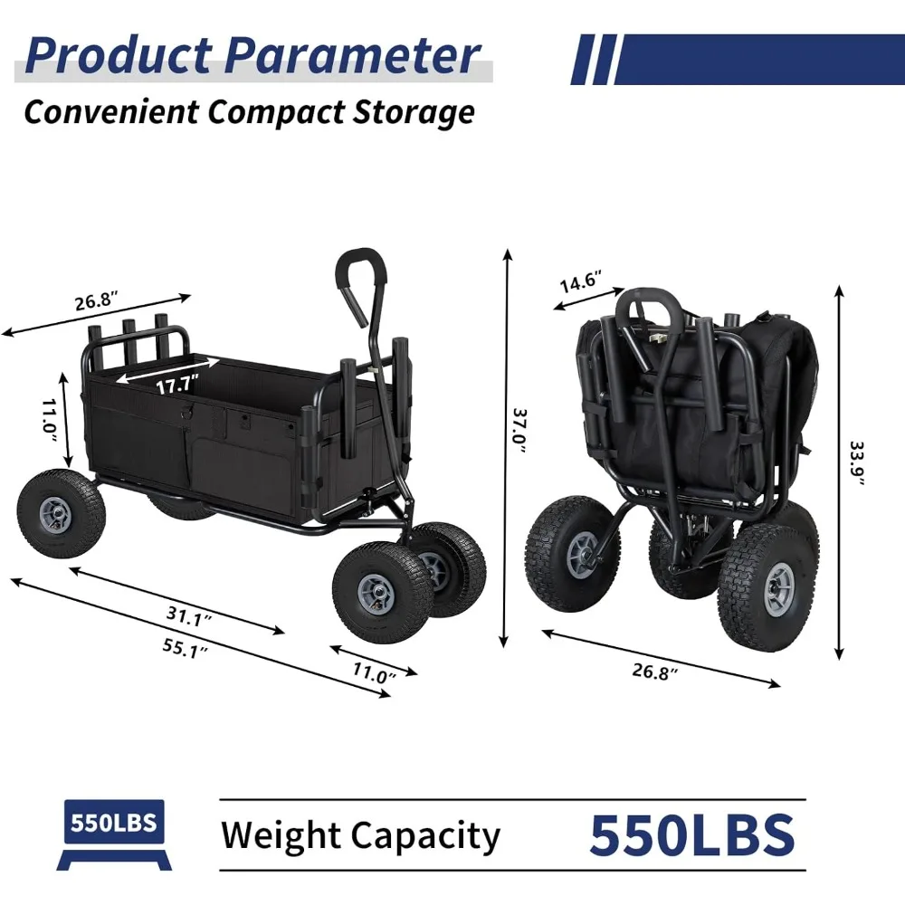 عربة شاطئ قابلة للطي لجميع التضاريس مع عجلات مقاس 11 بوصة للرمل، عربة حديقة شديدة التحمل مع حامل صنارة الصيد، مثالية للخارج