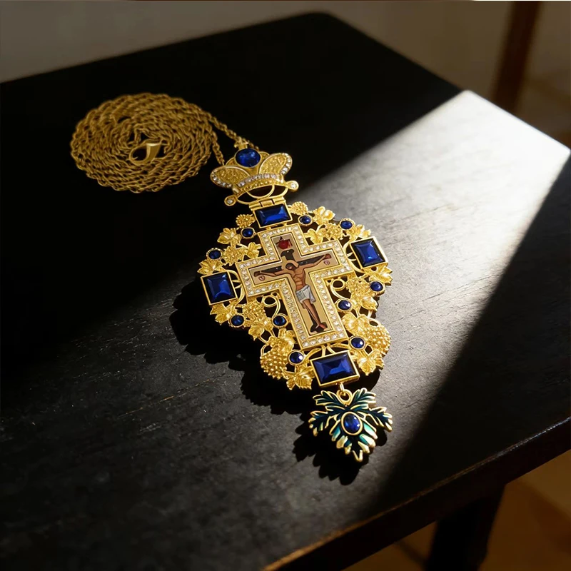 Elegant Gold Plated Orthodox Pectoral Cross Necklace Blue Crystal Inlay Crucifix for Clergy Wear Religious Festival Gift Decor