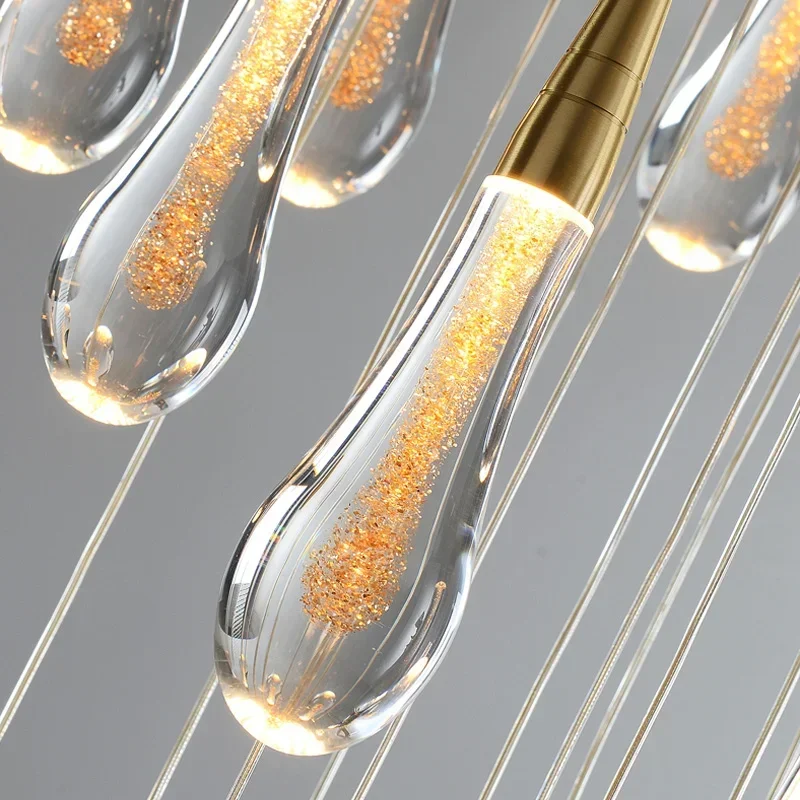 

Staircase Crystal Raindrop Pendant Lights Golden Foyer Pendant Lighting Entrwey High Ceiling Chandeliers LED Dimmable Fixtures