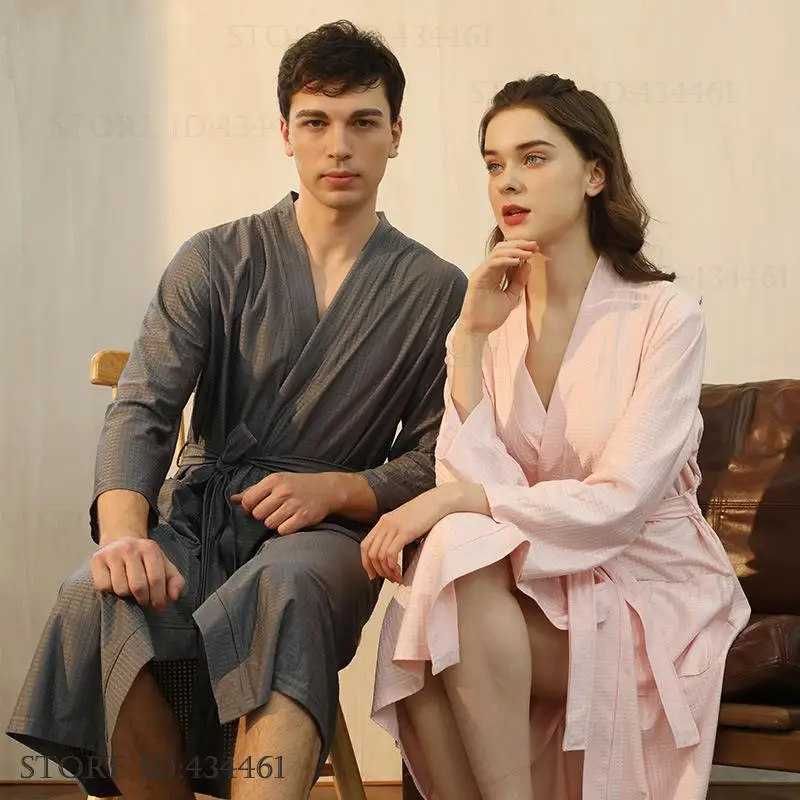 

Spring Autumn Waffle Couple Robe Kimono Bathrobe Gown with Pocket Simple Women Home Dress Sleepwear Loose Casual Loungewear
