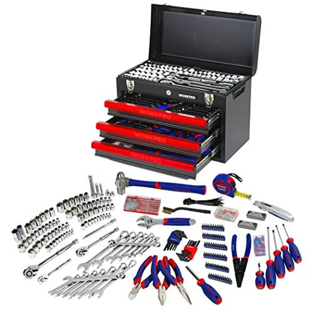 Complete Household Tool Set Mechanics Repair Kit 408 Pieces Metal Box Hand Tool Kit Set 3 Drawer Heavy Duty Ideal DIY Workshop