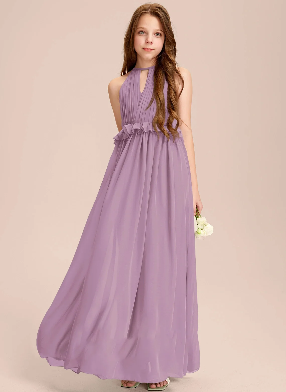 

A Line Halter Floor Length Chiffon Junior Bridesmaid Dress Evening Dress New Elegant Banquet Gowns