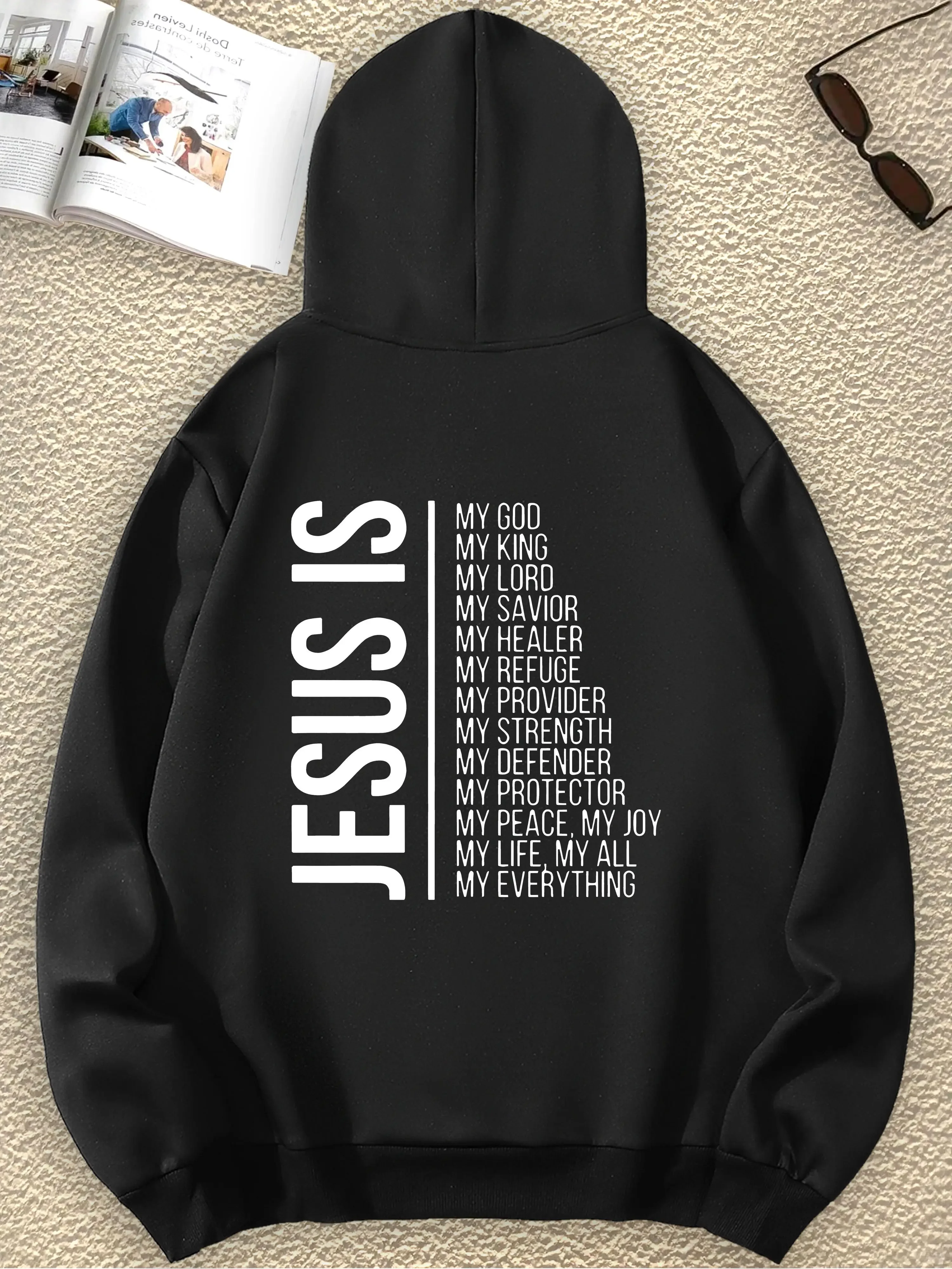 JESUS moda interesante letra estampado gráfico cuello redondo manga larga bolsillo sudadera estampado pulóver Sudadera con capucha para mujer Casual