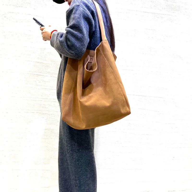 Vintage Soft Slouchy Work Tote Bag for Women Genuine Leather Cowhide Suede Shoulder Straps Large Capacity Luxury Handbag