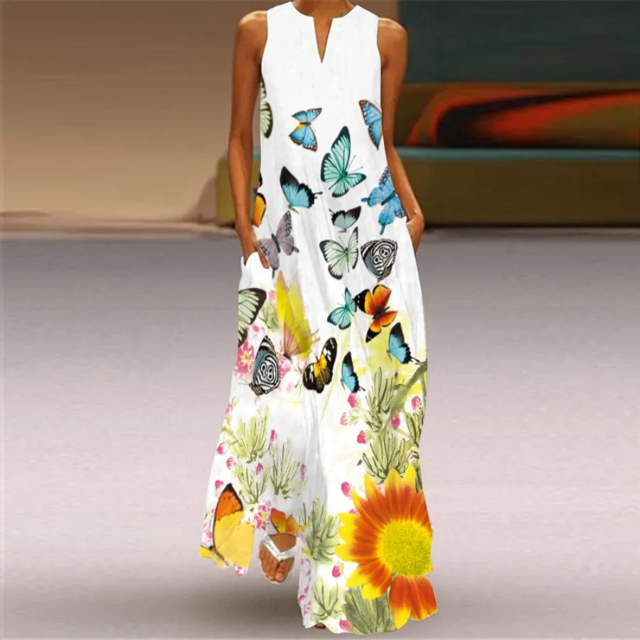 

【New style】2026 new summer women's clothing sleeveless long dress V-neck printed emerald dress European and American - women'