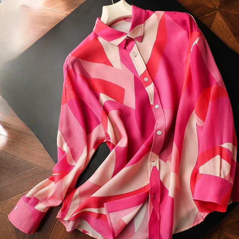 

2024 Vintage estampadas de manga larga para mujer, Tops florales, ropa de moda con cuello de Polo, camisas de gasa para mujer