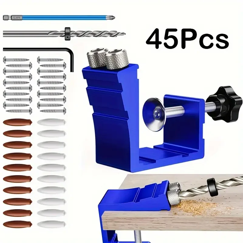 

45pcs Pocket Hole Jig Adjustable Locator 15Degree Angle Hole Drill Guide for Accurate Drilling Enhances Efficiency Thread Driver Bit Positioner for Carpenter DIY Joinery Work Woodworking Tool