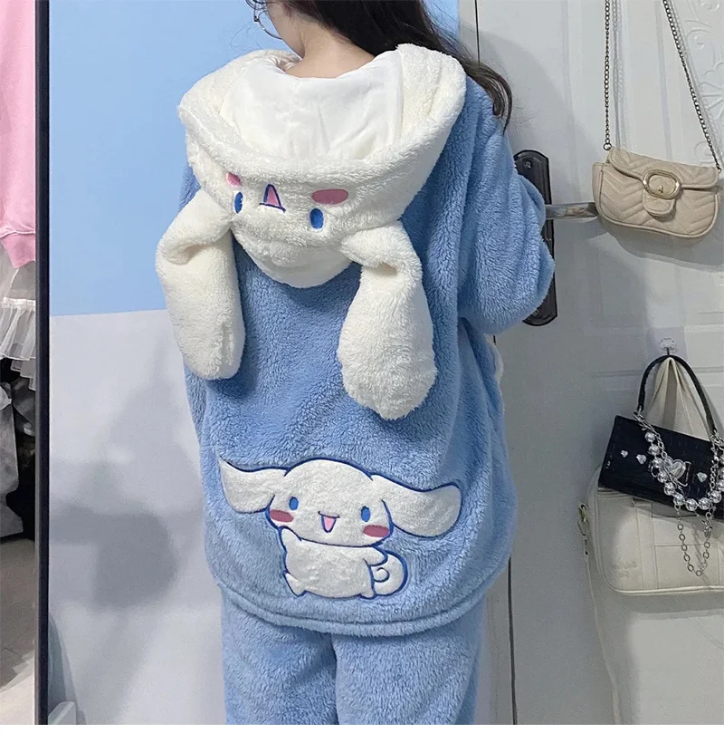 Sanrio Cinnamoroll Hooded 2 Pcs Pyjama Sets For Women Zipper Warm Cotton Plush Thickened Winter Long Pajamas Girl Homewear