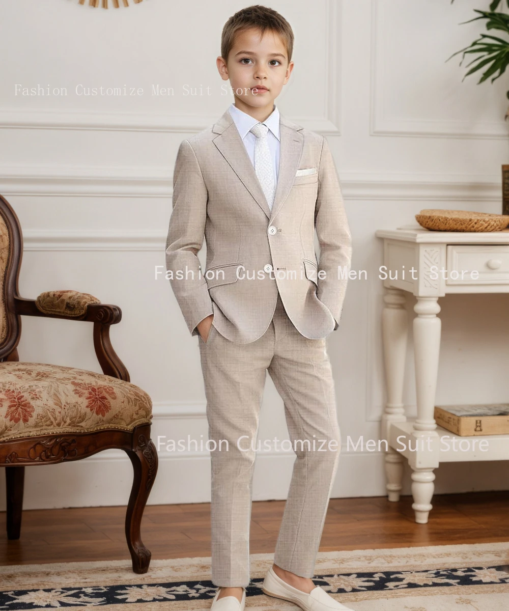 Traje clásico de lino Beige para niños, chaqueta de playa de verano con una hilera de botones de 2 piezas, chaqueta de esmoquin para boda, pantalones, ropa Formal para niños