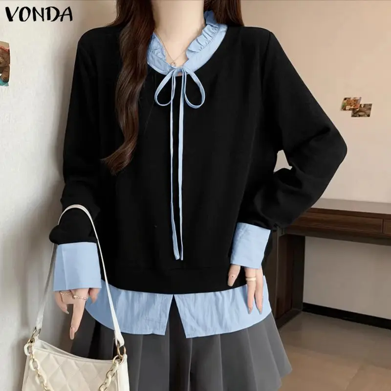 VONDA Elegant Office Blouse Women Fashion Shirts Color Patchwork Casual Tops Tunic Bandage Long Sleeve Street Blusas Femininas